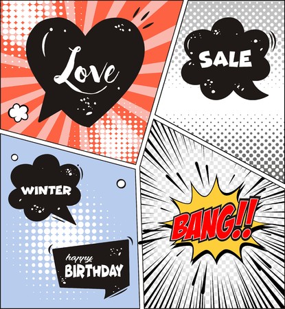 Comic speech bubbles and comic strip background, vector illustration.のイラスト素材
