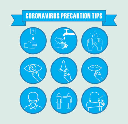 Coronavirus Precaution Tips. Vector line art illustration set.のイラスト素材