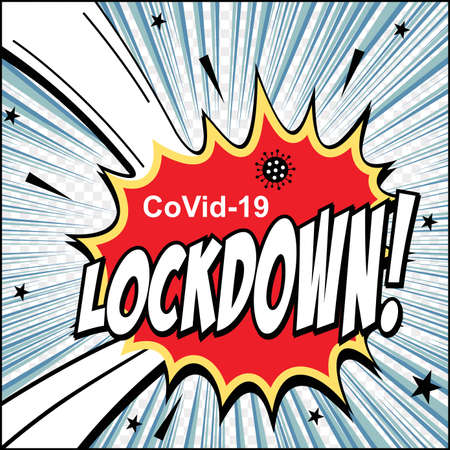 freehand drawn comic book speech bubble cartoon word covid 19 lockdown