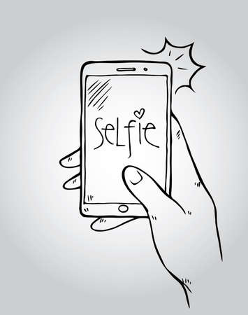 Taking Selfie Photo on Smart Phone . vector doodle style illustration.のイラスト素材