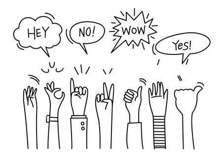 hand drawn of hands clapping with comic speech bubble. applause, thumbs up gesture on doodle style , vector illustrationのイラスト素材