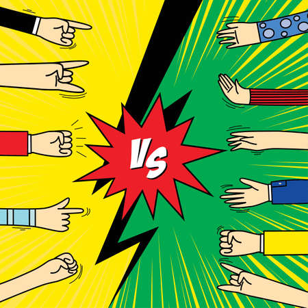 Comic frame VS with Human Hand  gestures, signals and signs. Versus duel battle or team challenge confrontation cartoon comics halftone backgroundのイラスト素材