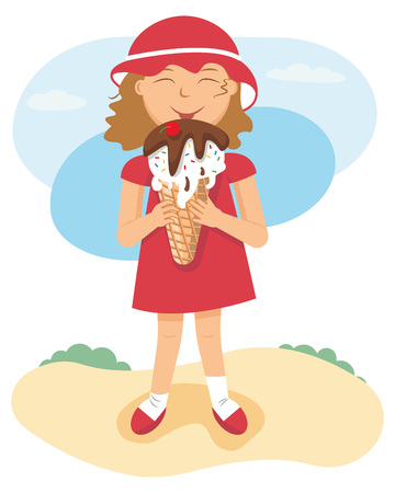 Girl eating ice cream. Vector illustration.のイラスト素材