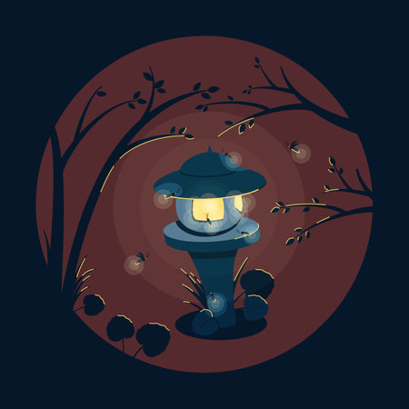 Japanese lantern with a fireflies in warm summer evening on a dark blue background.のイラスト素材
