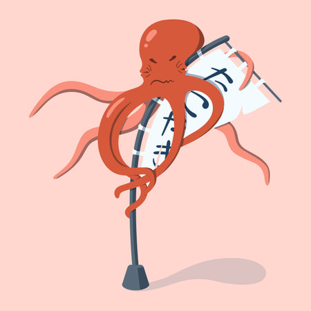 The orange octopus character on promotional flag on a pink background.のイラスト素材