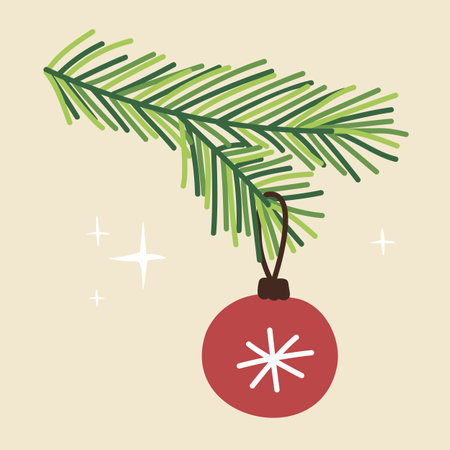 Fir tree branch with decoration for New Year and Christmas greeting card, banner design element. Isolated vector flat illustration.のイラスト素材