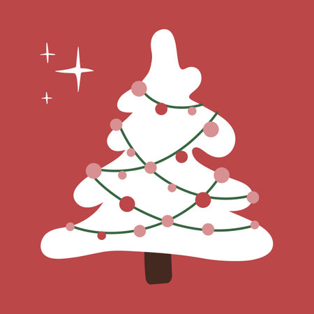 White Christmas tree with decorations on red background for poster, card and more designs of winter holidays. Isolated vector flat illustration.のイラスト素材