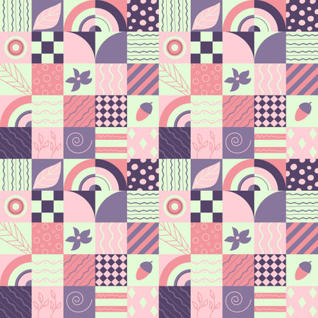 Seamless pattern with geometric forms and doodles leaf, acorn, flower of pink-violet color. Vector illustration in flat style.のイラスト素材