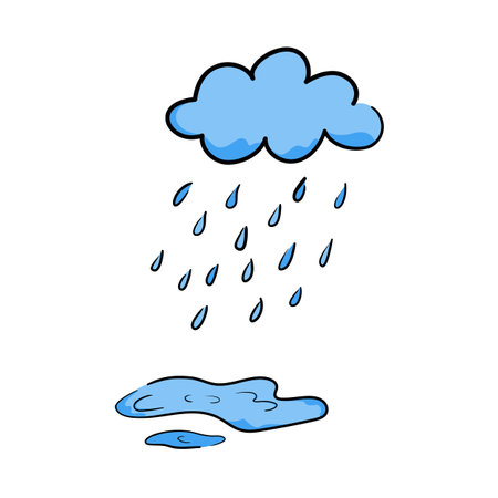 Cloud with rain and puddles in hand-drawn style, concept about a rainy season. Isolated vector illustration for print, digital and more design.のイラスト素材