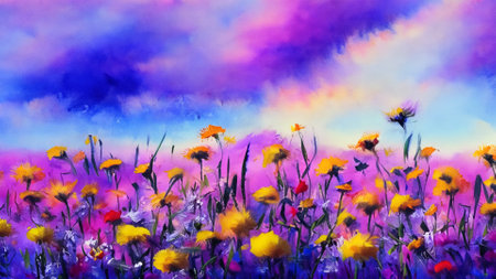 Watercolor painting of wildflowers in the meadow. Digital painting.の素材