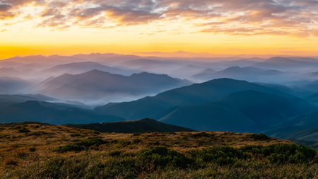 Majestic sunset in the mountains landscape. Carpathian, Ukraine.の素材