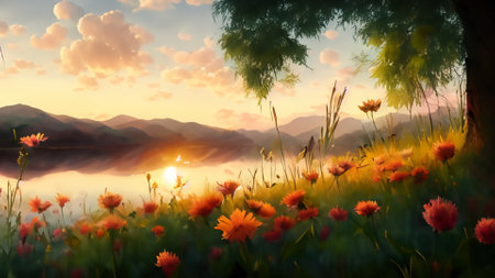 Sunrise over a lake with flowers in the foreground. Digital painting.の素材