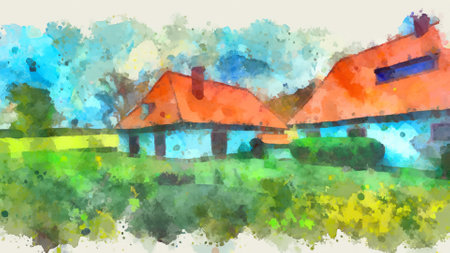 Watercolor painting of a house in the countryside. Vector illustration.の素材