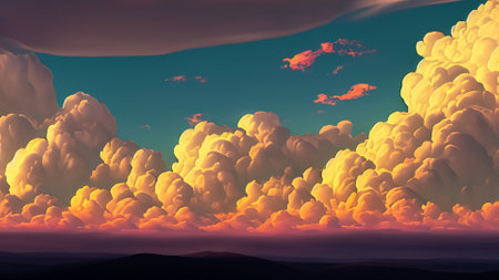 3D illustration of a beautiful sunset with clouds in the sky.の素材