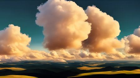 Fantasy landscape with clouds in the sky. 3D illustration.の素材