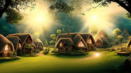 3d render of fantasy fantasy village with green grass and lightの素材