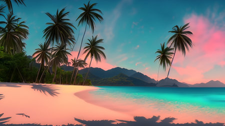 Palm trees on a tropical island at sunset - 3D renderの素材