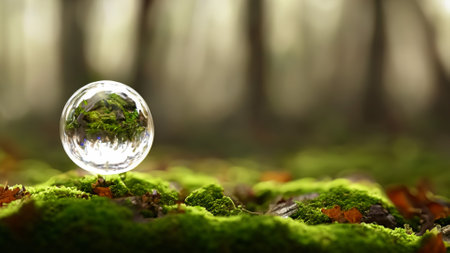 Crystal ball on moss in the forest, concept of environmental conservation.の素材