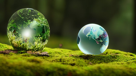 Globe on green moss with bokeh background, 3d renderの素材