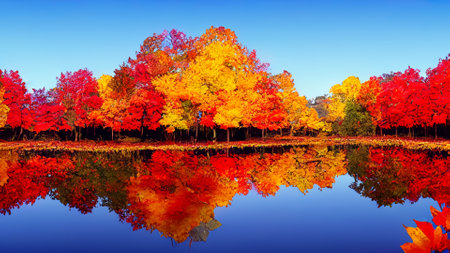 Beautiful autumn landscape with colorful trees and reflection in the lake.の素材