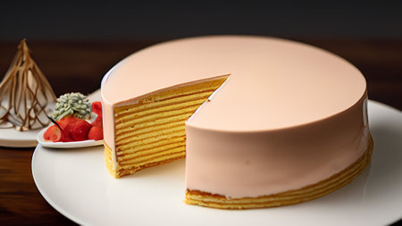 A piece of cake on a white plate on a wooden table.の素材
