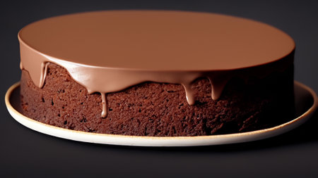 Chocolate cake with icing on a dark background. Toned.の素材
