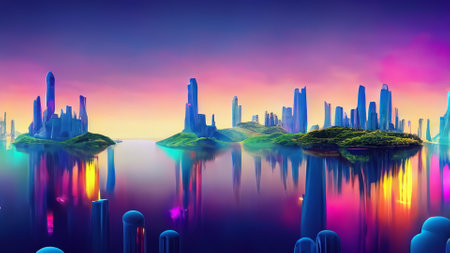 Futuristic city and lake at sunset. 3D rendering.の素材