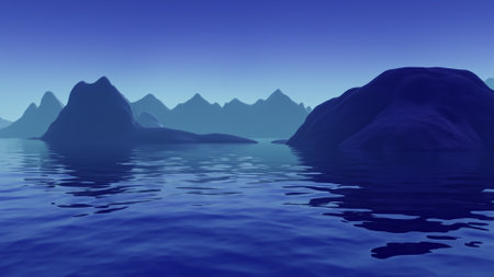 Illustration of a blue sea with icebergs and mountains in the backgroundの素材