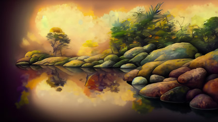 Illustration of nature background with colorful stones and trees in the waterの素材