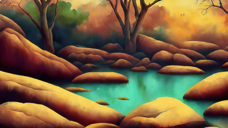 Autumn landscape with river and trees. Digital painting. 3d renderingの素材