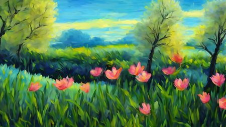 Tulips in the meadow. Spring landscape. Digital painting.の素材