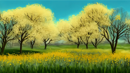 Illustration of a spring landscape with trees and yellow flowers in the foregroundの素材