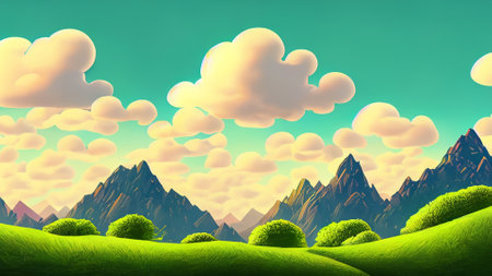 Beautiful landscape with mountains and green meadow. 2D Game Backgroundの素材