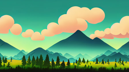 Landscape with mountains, forest and clouds. 2D Game Backgroundの素材