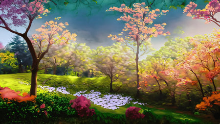 Beautiful spring landscape with flowers and trees in the park. digital paintingの素材