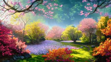 Beautiful spring garden with blooming trees and flowers. digital paintingの素材