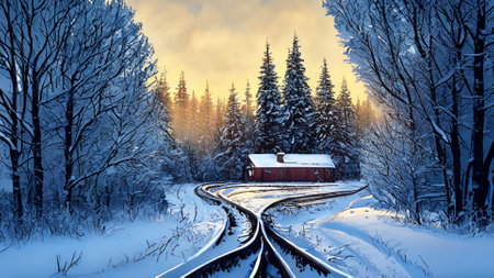 Winter landscape with a railway in the forest and snow covered trees.の素材