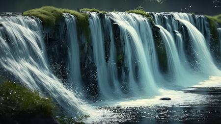 Close up of a beautiful waterfall with green moss in the foreground.の素材
