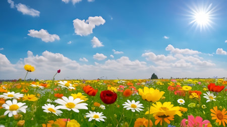 Field of daisies and blue sky with white clouds, panoramaの素材