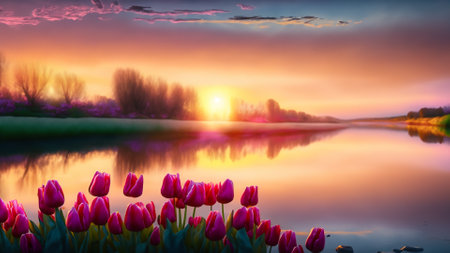Tulips on the lake at sunset. Colorful spring landscape.の素材