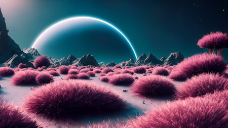 Fantasy alien planet. Mountain and full moon. 3D illustrationの素材