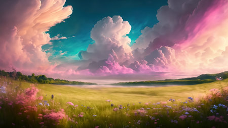 Fantasy landscape with fantasy meadow and cloudy sky. 3d renderingの素材