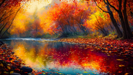 Beautiful autumn landscape with forest river and colorful leaves. Indian summer.の素材