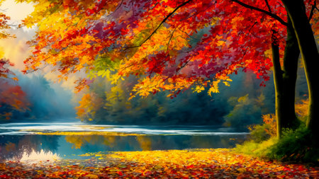 Beautiful autumn landscape with lake and colorful leaves. Fall season.の素材