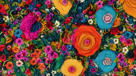 Texture, background, pattern. Fabric silk bright multi-colored flowers. Flower patternの素材