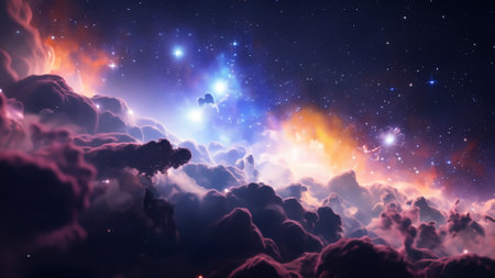3D Illustration of a Fantasy Cloudscape with Stars and Nebulaの素材