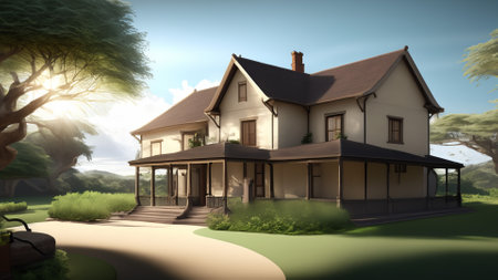 3d rendering of modern cozy house in colonial style with garage.の素材