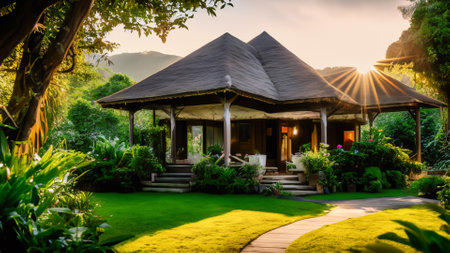 Luxury villa in tropical garden at sunset. Thailand.の素材