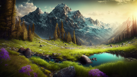 Fantasy landscape with lake and mountains in the background. 3d renderingの素材