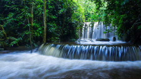 Waterfall in deep rain forest at Kanchanaburi province, Thailandの素材